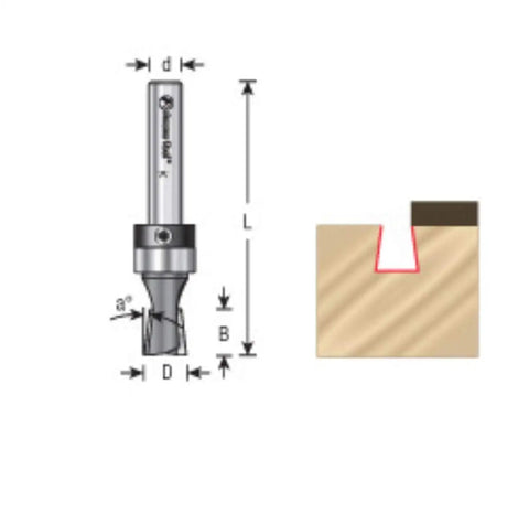 Slick Carbide Tipped Keller Dovetail Router Bit For Woodworking Crew with dimensions shown for cutting details.