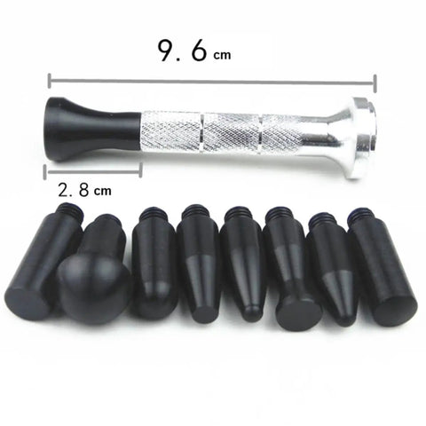 Premium Two Piece Auto Body Dent Repair Kit With Slick Dent Remover Pen And Drop In Heads, sizes 9.6cm and 2.8cm.