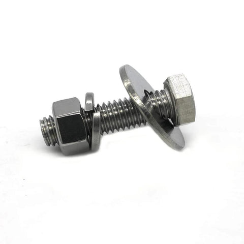 Close-up of a 1/4-20 stainless hex bolt kit with washers and nut, ideal for construction and DIY projects.