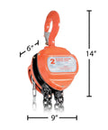 Heavy-Duty Hand Chain Hoist With Hook Mount, One-Half Ton Capacity, 15 Ft Lift, 11 In Headroom, shown in orange steel housing.