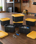 Dead Simple Mini Storage Totes With Snap Lids And Stackable Design For Hardware Sorting Plus Craft Supplies Organizer Compact Nestable Bins on workbench with small parts.