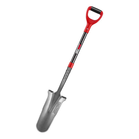 Drain Spade With Fiberglass Handle For Gardening And Trenching Sharp Edge Shovel For Cutting Roots 44 Inch Length Lightweight 4.4 Pounds 1050 Steel Spade For Digging And Transplanting featuring red handle and steel head on white background.
