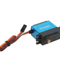 Beefy Digital Servo Featuring Rock Solid Metal Gears And Coreless Motor Waterproof Design Delivers Lightning Quick Response Plus 25 Kilogram Torque For 1 10 Scale Rcs Measuring 40 By 5mm Blue side view with connector and cables.