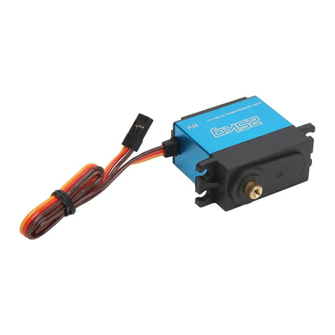 Beefy Digital Servo Featuring Rock Solid Metal Gears And Coreless Motor Waterproof Design Delivers Lightning Quick Response Plus 25 Kilogram Torque For 1 10 Scale Rcs Measuring 40 By 5mm Blue side view with connector and cables.