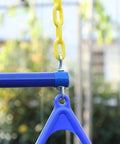 Close-up of 18 Inch Trapeze Bar With Rings Heavy Duty 48 Inch Plastic Coated Chains for Backyard Swing Sets in blue and yellow