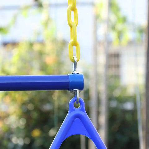 Close-up of 18 Inch Trapeze Bar With Rings Heavy Duty 48 Inch Plastic Coated Chains for Backyard Swing Sets in blue and yellow