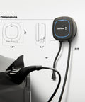 Pulsar Plus Level 2 EV Charger 40 Amp 240V Home Wall Mount Fast Charging Works With All EVs J1772 25ft Cable NEMA 14 50 Outdoor Indoor EVSE Energy Star UL Certified Assembled In USA shown mounted on wall with dimensions.