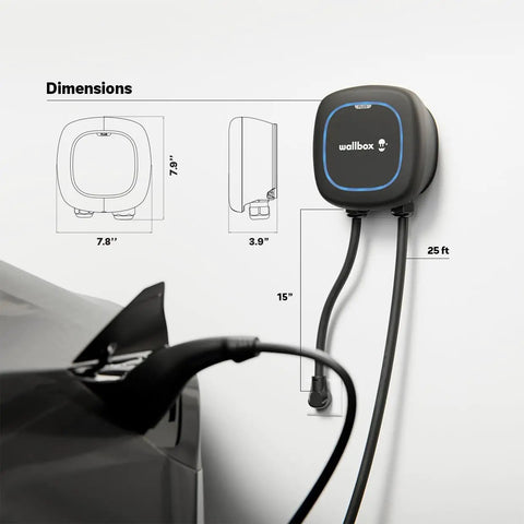 Pulsar Plus Level 2 EV Charger 40 Amp 240V Home Wall Mount Fast Charging Works With All EVs J1772 25ft Cable NEMA 14 50 Outdoor Indoor EVSE Energy Star UL Certified Assembled In USA shown mounted on wall with dimensions.