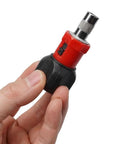 Heavy Duty Compact Quarter Inch Hex Ratchet Screwdriver With Quick Forward Reverse Switch And Slick Pocket Friendly Design held in hand.