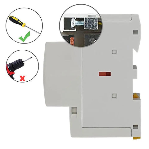 Side view of 4 Pole 63A AC Contactor With 110V 120V Coil 4NO Contacts 230V Ue 500V Ui 35mm DIN Rail Mount with screwdriver detail.