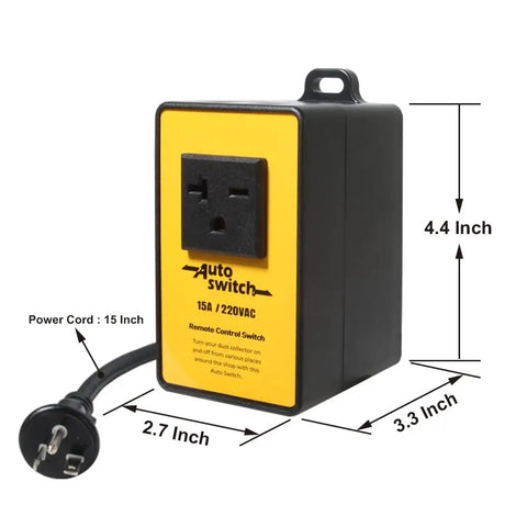 Wireless Remote Start Switch For Dust Collector 220V Starter Outlet with 15 inch power cord, dimensions labeled, black and yellow design