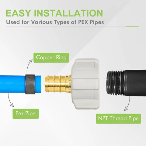 Ten Pack PEX Swivel Adapter Fittings One Half Inch Female NPT Brass Lead Free Full Port Barbed For PEX Plumbing NSF ANSI 61 Certified ASTM F1807 For Home And Commercial Plumbing Pro Grade DIY Friendly showing PEX pipe to NPT thread connection with copper ring