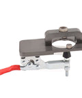 Side view of 35mm secret hinge boring jig kit with aluminum alloy body and red handle clamp.