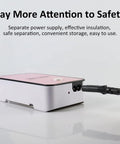 Portable Mini Space Heater For Home Office Desktop Pink With Auto Shut Off Safety Rotatable Stand With Anti Slip Base Compact Personal Space Warmer showing power connection and safety features