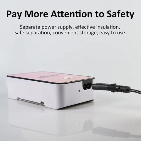 Portable Mini Space Heater For Home Office Desktop Pink With Auto Shut Off Safety Rotatable Stand With Anti Slip Base Compact Personal Space Warmer showing power connection and safety features