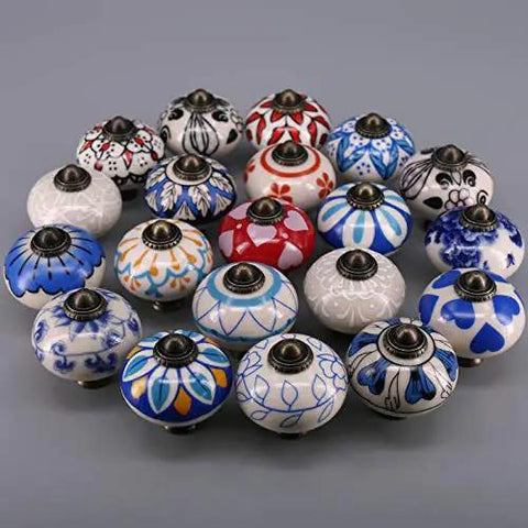 Snazzy One Size Ornate Ceramic Cabinet Knobs With Vintage Blue And Red Floral Pattern For Cupboards Plus Sweet Hand Painted Furniture Handles That Look Awesome And Bring Style To Your Home Decor Project Right Now - Assorted Knobs Display