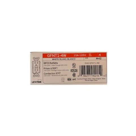 Box label of 15 Amp 125 Volt Duplex Self Test Slim GFCI Outlet White 4 Pack No Fuss Self Test On Power Up In Under 3 Seconds