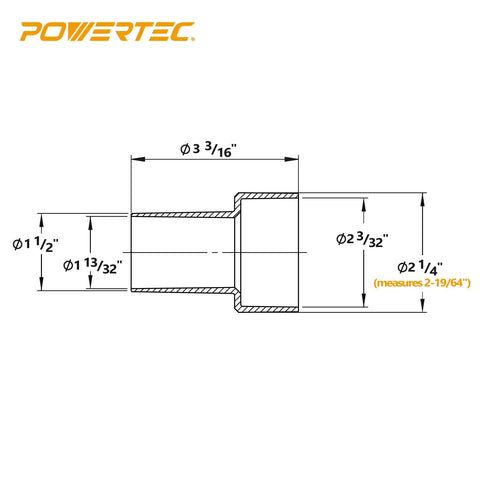 Diagram of 2-1/4 Inch OD To 1-1/2 Inch OD Hose Reducer Adapter In Durable ABS Plastic For Dust Collection Fits Bosch Festool Dustless.