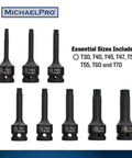 Eight Piece Half Inch Drive Torx Socket Set From T30 To T70, Impact Grade Chromoly Steel, Beefy Rugged Tools Display