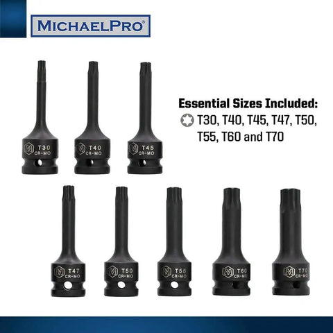 Eight Piece Half Inch Drive Torx Socket Set From T30 To T70, Impact Grade Chromoly Steel, Beefy Rugged Tools Display