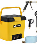 Compact Portable Pressure Washer With 5 Gallon Tank And 255 Psi For Easy Car Washes Pet Bath Home And Patio Cleaning Plus A Camper Friendly 45 Minute Runtime For Off Grid Adventures, showing yellow washer with attachments.