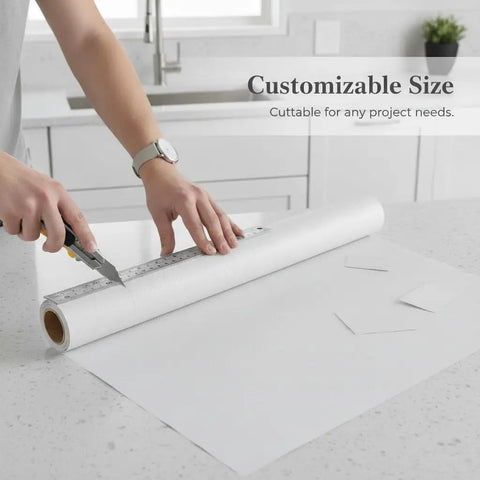 Self Adhesive Wallpaper Roll Subtle Gray Linen Texture Waterproof Vinyl Peel and Stick Film being cut for drawers.