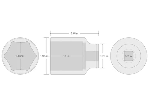 Technical diagram of Beefy Half Inch Drive Deep Socket 1-1/2 Inch 6-Point with dimensions and hex fit details.