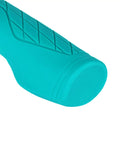 Close-up of turquoise ergonomic mountain bike grips with palm pad for all day comfort and pain relief, non slip lock on handlebar grips.