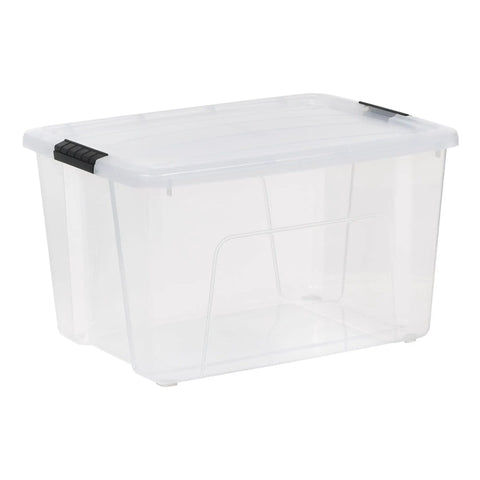 Straight Up Heavy Duty Clear Storage Bins Secure Snap Closure Stackable Plastic Totes For Bulky Seasonal Gear 60 Quart Capacity 22 X 16 X 12 Inches 2 Pack side view of a clear plastic storage tote with snap lid