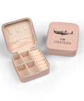 Lightning Aircraft Pink Jewelry Travel Case For Women open and closed showing soft plush lining, 4x4x2 inch size compartments.