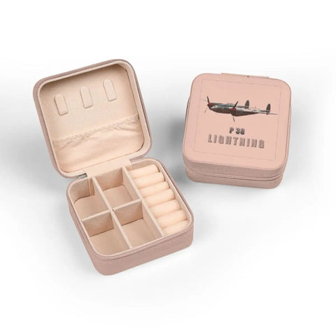 Lightning Aircraft Pink Jewelry Travel Case For Women open and closed showing soft plush lining, 4x4x2 inch size compartments.