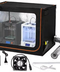 Double Wide 3D Printer Enclosure With Ventilation And Adjustable Fan, holds two printers, includes air detector, duct, and tools