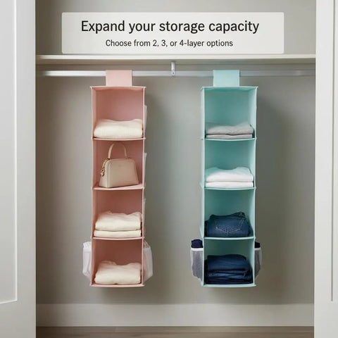 Upgrade Closet Game With This Heavy Duty Double Sided Hanging Wardrobe Organizer Packing Deep Side Pockets For Shoes And Gear To Instantly Boost Vertical Storage Capacity While Keeping Bedrooms Clean And Stress Free All Year. Two-layer closet organizers in pink and blue with folded clothes and bags.