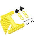 Rock Solid Miter Slot Featherboard keeps stock pin tight against tables, including black knobs and hardware for secure setup.