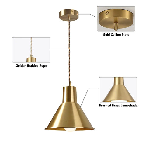 Brushed Gold Modern Cone Pendant Light For Kitchen Island And Hallway Brass Hanging Ceiling Lamp with braided rope and gold ceiling plate