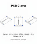 Diagram of Gold Iron PCB Clamp For Electronics Repair And Soldering, dimensions: 5.12 x 3.54 inches, top, side, and angle views.