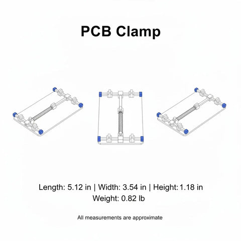 Diagram of Gold Iron PCB Clamp For Electronics Repair And Soldering, dimensions: 5.12 x 3.54 inches, top, side, and angle views.