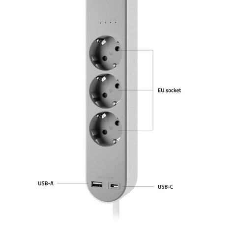 Slick Black Smart Power Strip With WiFi App Control, Heavy Duty Surge Protector, Built In USB Charging Ports, EU sockets and USB ports displayed.