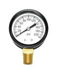 Joywayus pressure gauge front view; white dial, 0–200 psi, brass 1/4 in NPT lower-mount thread.