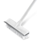 Floor Scrub Brush With Long Handle Two In One Scrape And Brush Stiff Bristles For Grimy Floors Cleaning Bathroom Kitchen Patio Garage Deck Tile Extendable Handle 33 To 50 Inches, close-up view