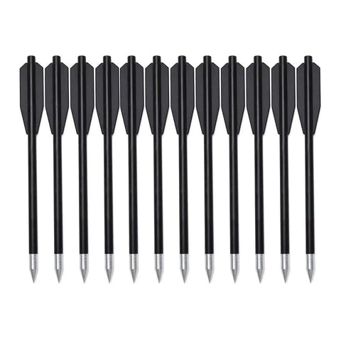12 Pack Crossbow Bolts 6.3 Inch Black Plastic Shaft Arrows With Aluminum Point Tip For Small Crossbows, displayed in a row