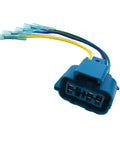 Heavy Duty Beefy Universal Truck Bed Wiring Harness Adapter With Female Connector And Bare Wire Ends For Smooth Splicing And Rock Solid Connectivity Across All Truck Models, close-up view of blue connector and wires.