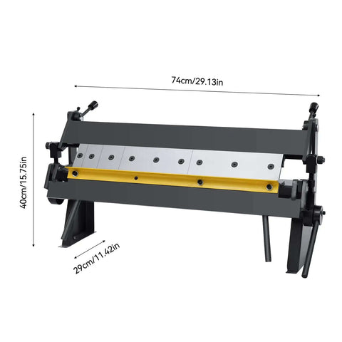 Beefy 24 Inch Pan And Box Brake Heavy Duty Metal Sheet Bending Tool, showing size dimensions and structure with three removable fingers.