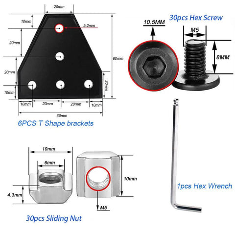 Components of Six Pack 2020 Corner Bracket Connectors including T shape bracket, hex screw, sliding nut, and hex wrench for 6mm aluminum extrusion