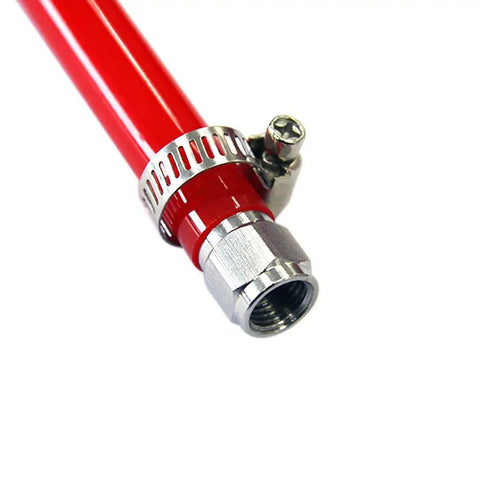 High Grade 304 Stainless Swivel Flare Nuts Match Ball Lock Or Pin Lock Keg Fittings with red hose and clamp detail.