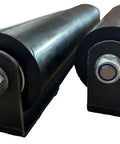 Front view of Beefy 12 Inch Sliding Gate Guide Roller With Removable Axle Bolts Black Hard Rubber Wheel Weld On Mount Heavy Duty Steel Bracket
