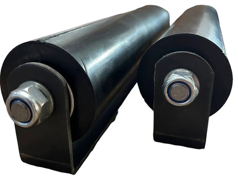 Front view of Beefy 12 Inch Sliding Gate Guide Roller With Removable Axle Bolts Black Hard Rubber Wheel Weld On Mount Heavy Duty Steel Bracket
