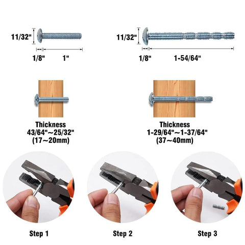 Instructional diagram showing different bolt lengths and adjustment steps for installing T Bar Cabinet Pulls 10 Pack 7-1/2 Inch Hole Center Oil Rubbed Bronze Drawer Handles.
