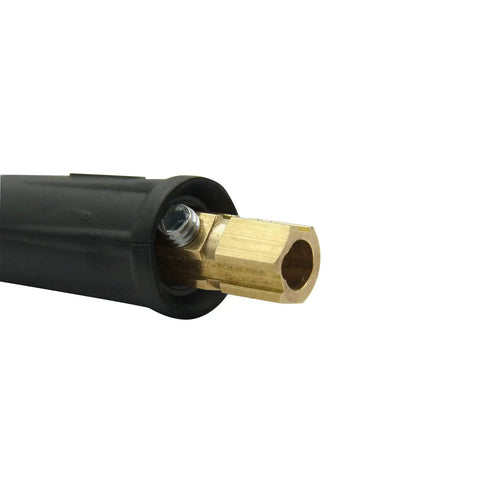 Close-up of Dinse-Style Welding Cable Quick Connectors Pair For 100 Amp To 200 Amp, Fits #6 To #4 Wires, showing brass connector detail