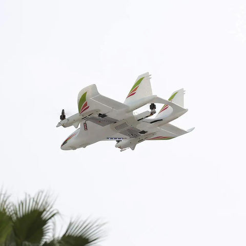 Pro Level RC Airplane For Adults, 2.4G 6CH Glider with LED lights in flight, showcasing durable EPO construction and carbon fiber reinforcement.